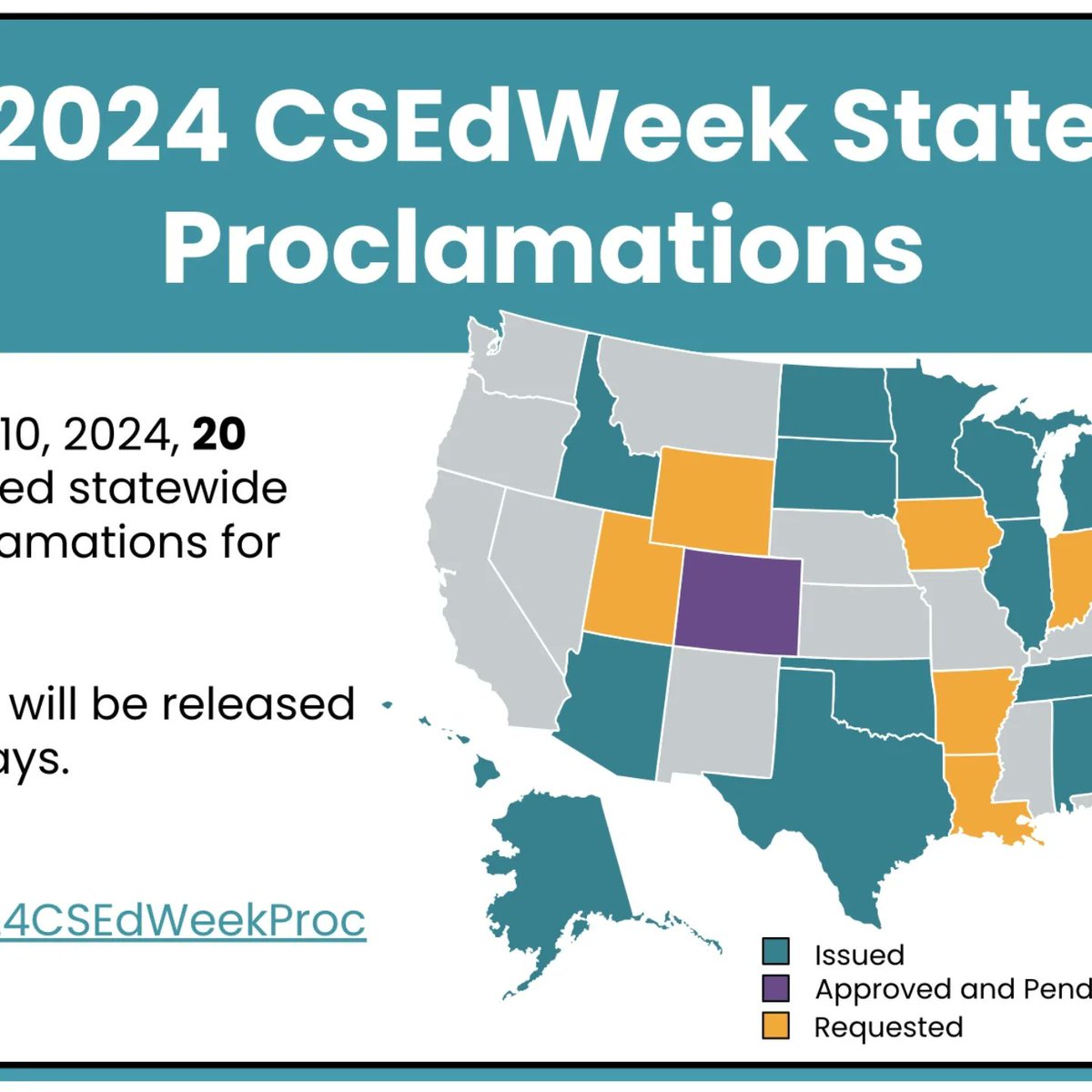 Amanda C. Dykes (@amandacdykes) on Twitter photo Happy Tuesday of Computer Science Education Week!
As of today, 20 states have issued proclamations officially recognizing #CSEdWeek, with more expected soon.
Thank you <a href="/GovernorKayIvey/">Governor Kay Ivey</a> for your continued support of CS Education! Happy Tuesday of Computer Science Education Week!
As of today, 20 states have issued proclamations officially recognizing #CSEdWeek, with more expected soon.
Thank you <a href="/GovernorKayIvey/">Governor Kay Ivey</a> for your continued support of CS Education!