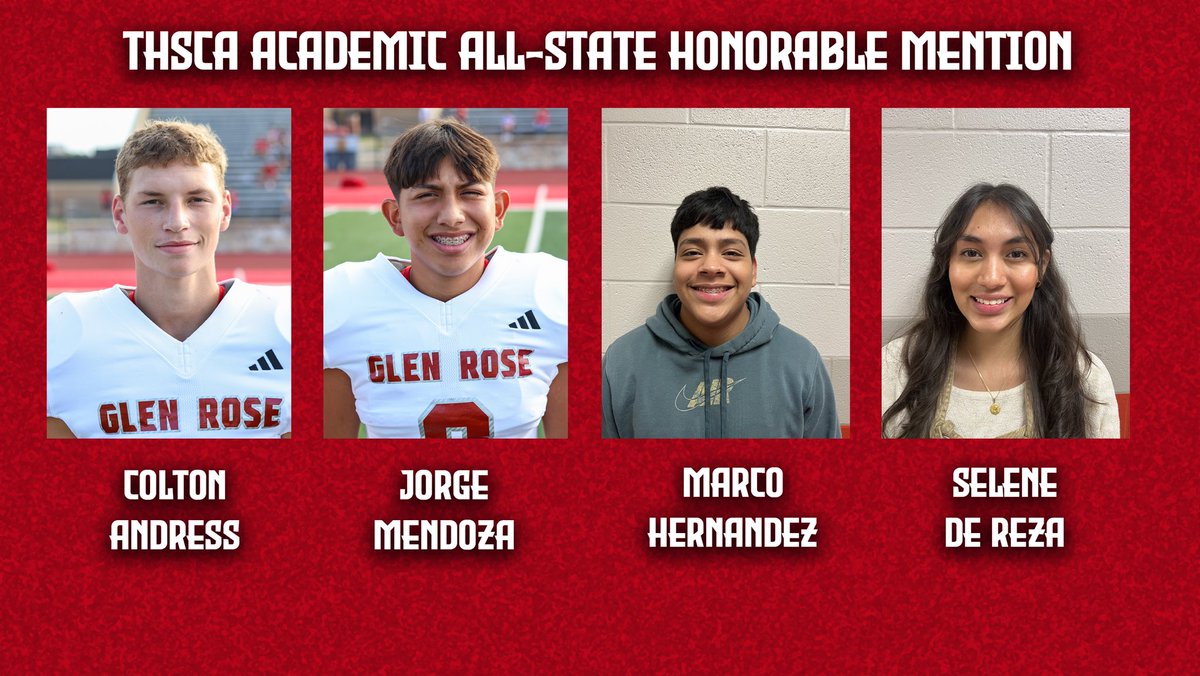 Cliff Watkins (@coach_cwatkins) on Twitter photo Congrats to these student athletes for excelling on the field and in the classroom. <a href="/THSCAcoaches/">THSCA</a> Academic All-State 🏈
<a href="/CanyonEvans_25/">Canyon Evans</a>
Cason Staples
Carli Rosson - Trainer
<a href="/KeltynRaymond/">Keltyn Raymond</a>
<a href="/ColtonAndress_6/">Colton Andress</a>
<a href="/jorgemend861/">Jorge Mendoza</a>
Marco Hernandez
Selene De Reza - Trainer
<a href="/GRTigerFootball/">Glen Rose Football</a> Congrats to these student athletes for excelling on the field and in the classroom. <a href="/THSCAcoaches/">THSCA</a> Academic All-State 🏈
<a href="/CanyonEvans_25/">Canyon Evans</a>
Cason Staples
Carli Rosson - Trainer
<a href="/KeltynRaymond/">Keltyn Raymond</a>
<a href="/ColtonAndress_6/">Colton Andress</a>
<a href="/jorgemend861/">Jorge Mendoza</a>
Marco Hernandez
Selene De Reza - Trainer
<a href="/GRTigerFootball/">Glen Rose Football</a>
