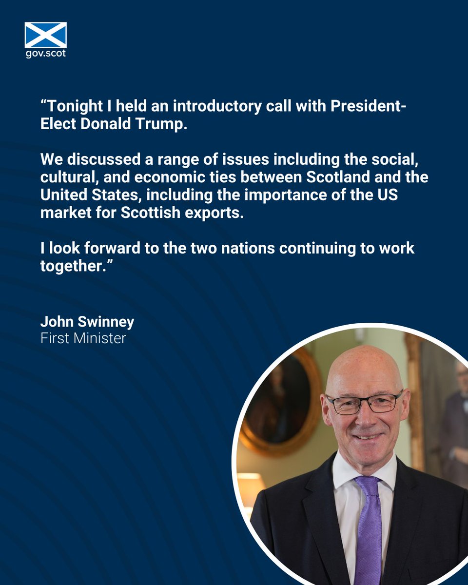 ScotGovFM's tweet photo. First Minister @JohnSwinney held an introductory call with President-Elect Donald Trump.

They discussed the social, cultural, and economic ties between Scotland and the United States, including the importance of the US market for Scottish exports. https://t.co/96TleM7usk