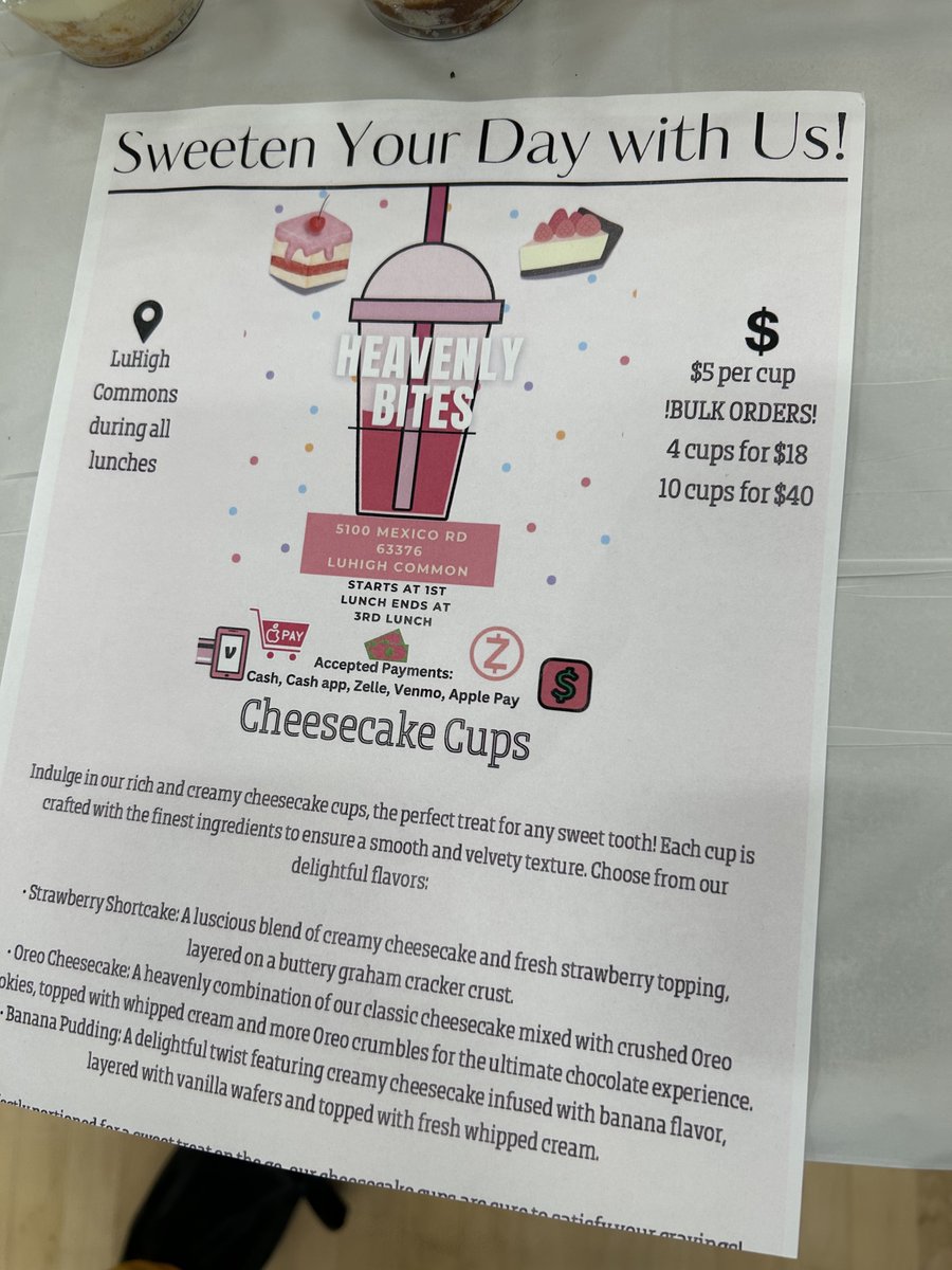 LutheranCougars's tweet photo. Mr. Cross' Intro to Business classes recently completed their Apprentice Business Plan Project, a dynamic and hands-on learning experience at the heart of their Entrepreneurship Unit. Students collaborated in groups to develop creative business plans and brought their ideas to life in an exciting way, a Pop-Up Market! Students sold Cheesecake Cups in a variety of yummy flavors during lunch hours. It was a fun and creative way to learn about business plans and promote their desserts!