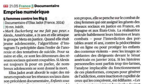France TV Pro (@francetvpro) on Twitter photo #LesMediasEnParlent
Emprise numérique : 5 femmes contre les Big 5
du #documentaire réalisé par <a href="/ElisaJadot_/">Elisa Jadot</a>
<a href="/Telerama/">Télérama</a> <a href="/Le_Figaro/">Le Figaro</a> <a href="/humanite_fr/">L'Humanité</a> <a href="/LaCroix/">La Croix</a>
#ReseauxSociaux
▶️Mar 10/12 à 21.05 | #France5 & france.tv #LesMediasEnParlent
Emprise numérique : 5 femmes contre les Big 5
du #documentaire réalisé par <a href="/ElisaJadot_/">Elisa Jadot</a>
<a href="/Telerama/">Télérama</a> <a href="/Le_Figaro/">Le Figaro</a> <a href="/humanite_fr/">L'Humanité</a> <a href="/LaCroix/">La Croix</a>
#ReseauxSociaux
▶️Mar 10/12 à 21.05 | #France5 & france.tv