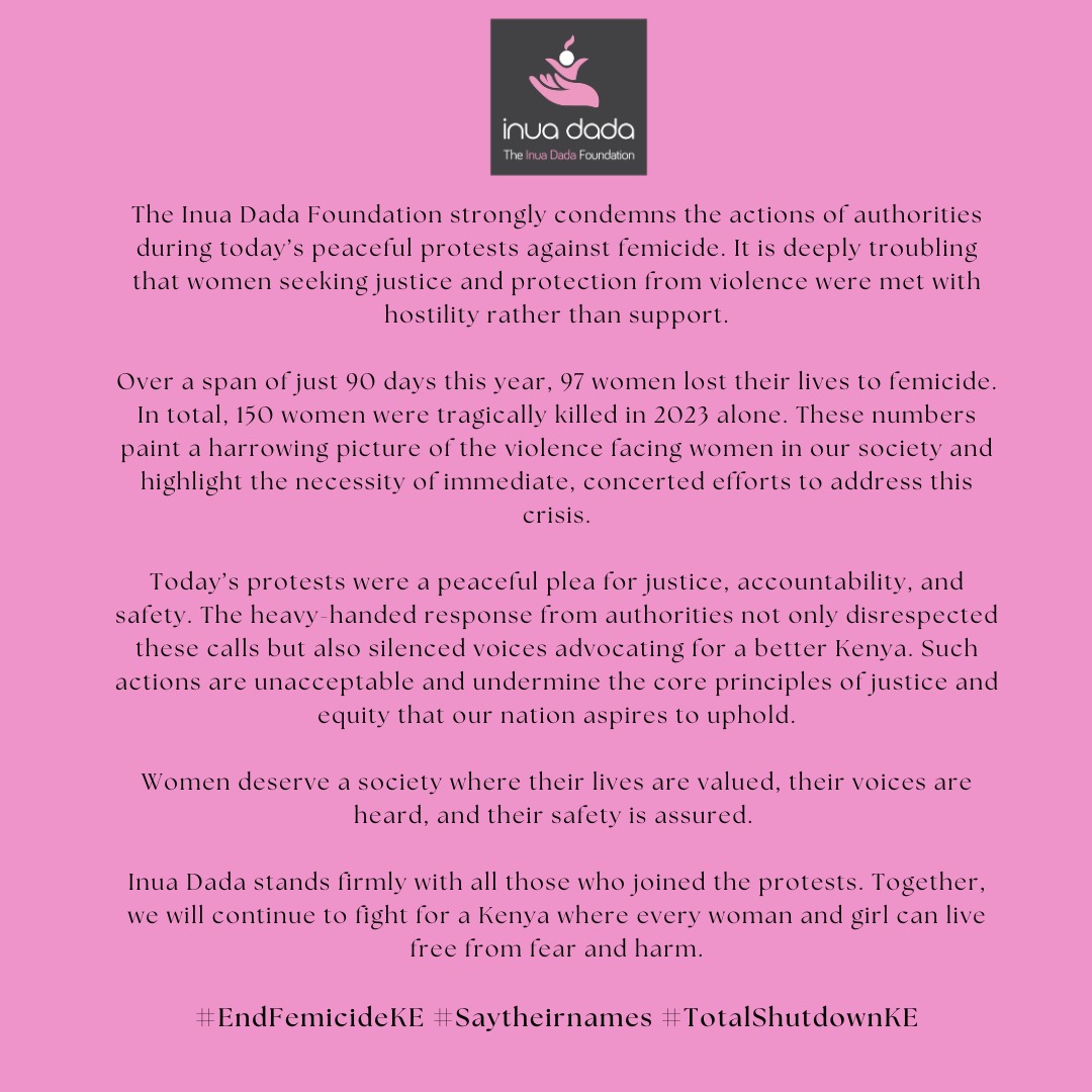 Violence against women is a crisis that cannot be ignored. We stand in solidarity with the brave individuals who protested peacefully against femicide today. Women deserve justice, safety &amp; the right to live without fear.  #EndFemicideKEConvening #saytheirnames #TotalShutDownKE