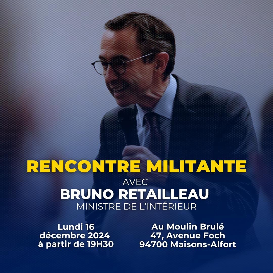 🇫🇷 Rendez-vous ce lundi 16 décembre à 19h30 pour la réunion militante avec <a href="/BrunoRetailleau/">Bruno Retailleau</a> au Moulin Brulé à Maisons-Alfort à l'invitation de la Fédération des Républicains du Val-de-Marne. Tous derrière notre Ministre de l'Intérieur pour qu'il continue sa politique de fermeté !