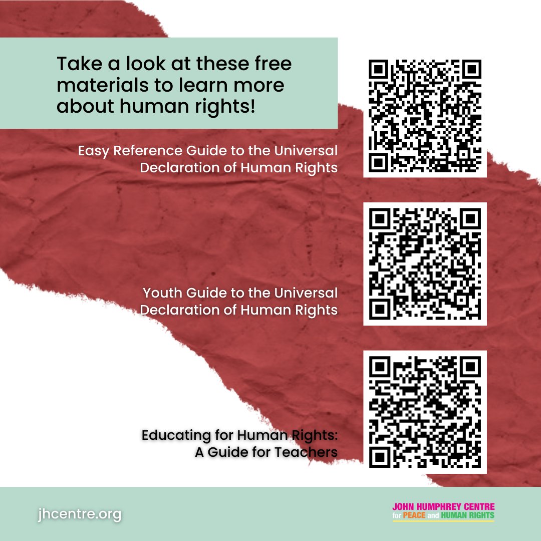Today is International #HumanRightsDay. Scan the QR codes or go to jhcentre.org/resources to access dozens of free materials on human rights education. Learn &amp; advocate for yourself and your community! Human rights are for everyone.