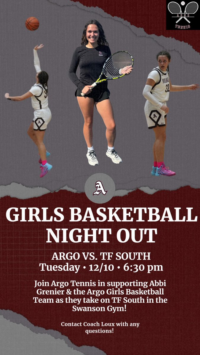 Argo Tennis will be at the <a href="/ArgoGBall/">Argo GirlsBasketball</a> game tonight supporting multi-sport athlete Abbi Grenier and the Argonauts as they take on TF South! 

Borrowing the “Night Out” branding from  <a href="/argobaseball/">Argo Baseball</a>! 

#ArgoTennis
