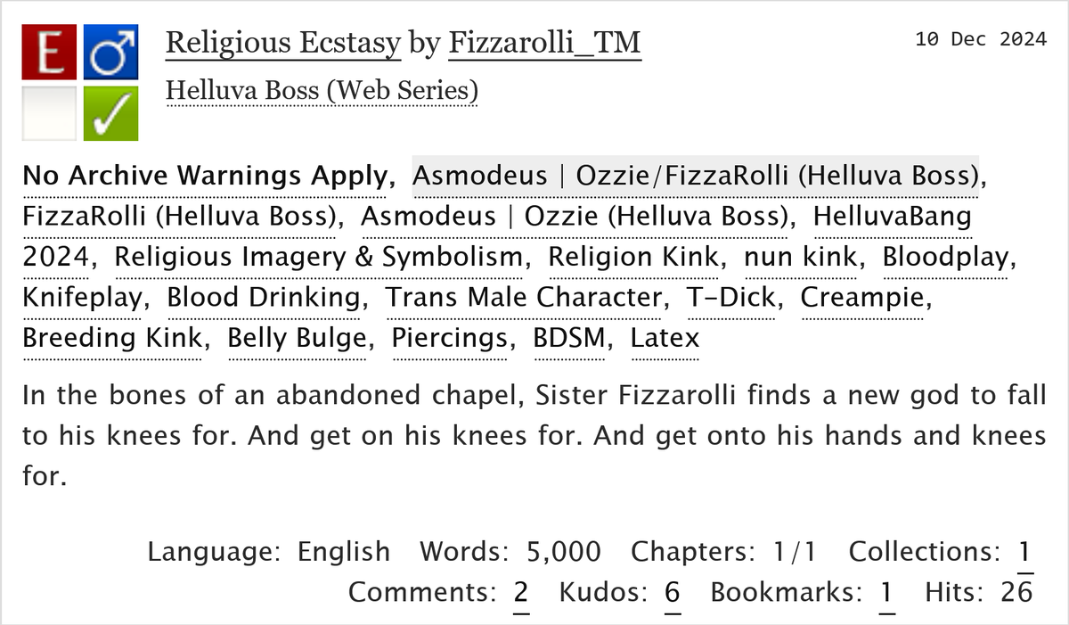 Religious Ecstasy by <a href="/Fizzarolli_tm/">C | TADC Spoilers!</a>, with art by @Father_Th0t and <a href="/immessytoo/">Ozzie - COMMISSIONS OPEN - 5/10 Claimed</a> is now live on ao3 ‼️ forgive me father... 🙏

archiveofourown.org/works/61218400

#HelluvaBang