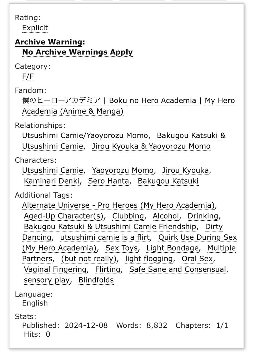 Ready for some absolutely smokin’ Camie/Momo action? I got the pleasure of writing out the story behind <a href="/Saint_Artemis_I/">Saint Artemis</a> ideas and art for the <a href="/bnhabdsm/">⛓️💥 BNHA BDSM BANG 💥⛓️</a> !

Links to their art on 🟦☁️ can be found in the notes at the top of the fic here and in post below: archiveofourown.org/works/61174609