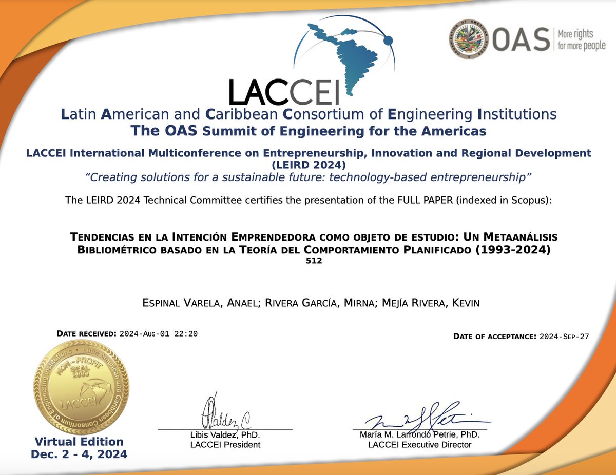 Tuve el honor de participar en #LEIRD2024, organizado por #LACCEI y #OEA.

📄 Presenté un artículo sobre tendencias en la intención emprendedora, realizado en colaboración con la Dra. <a href="/MirnaRiveraG/">Mirna Rivera Garcia</a> y el Dr. <a href="/kevinmejiahn/">Kevin Mejía</a>.

#Emprendimiento #Investigación #Innovación #Ingeniería