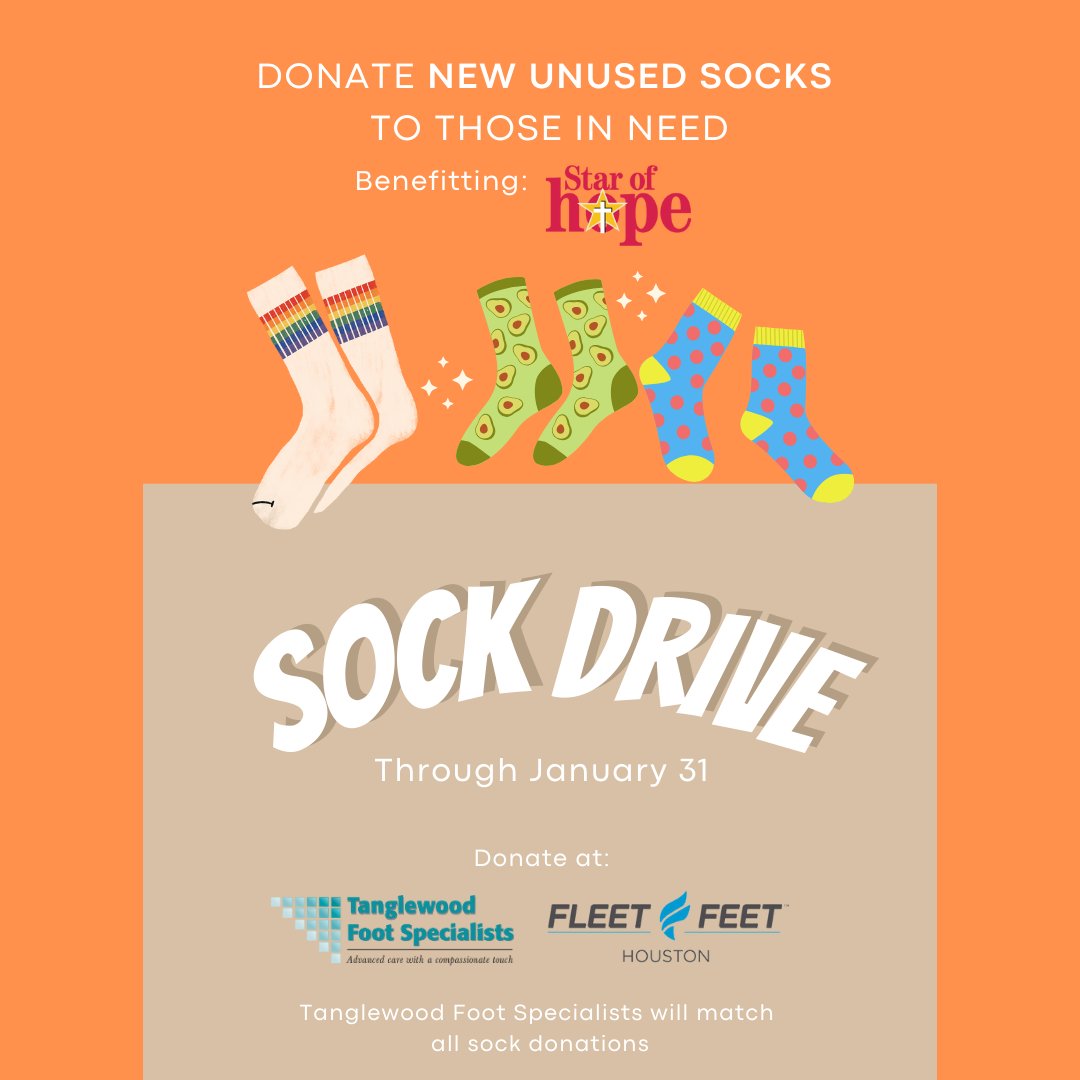 HoustonFootDoc's tweet photo. IT'S HERE! It is time for our annual Sock Drive benefitting Star of Hope! We can accept new unused socks of all sizes (baby, kids, women, men) at our office or any of the Fleet Feet locations! We hope you can help us keep Houston's feet warm this winter! ❄️🧦 https://t.co/QQieFXz6ON