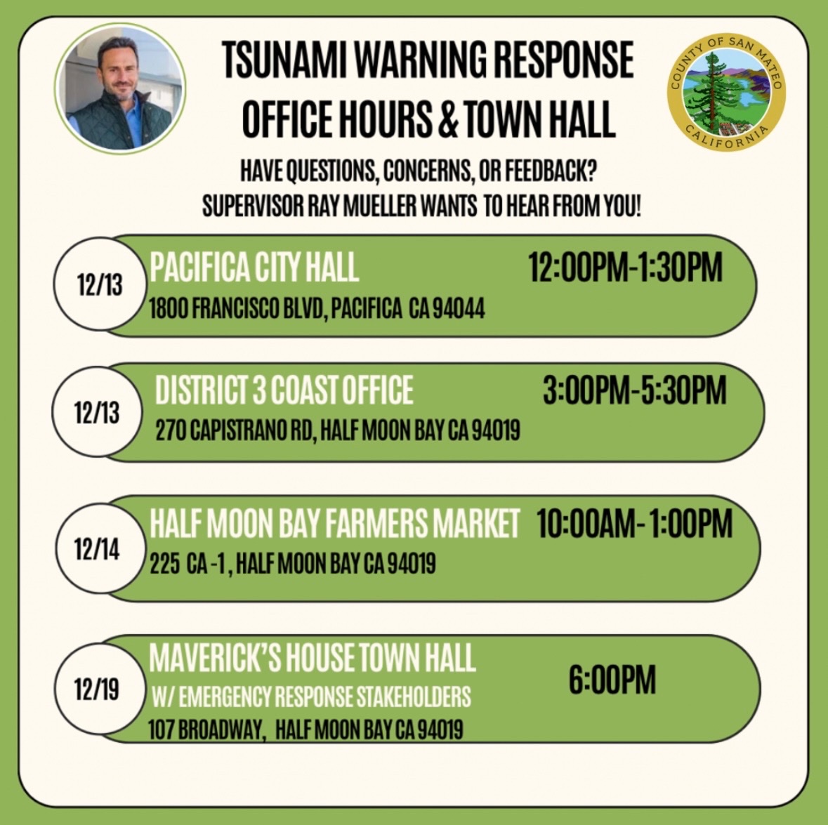 Ray_Mueller_'s tweet photo. I will be having seven Office Hours events over the next two weeks culminating with an eighth Town Hall, with Emergency Management stakeholders, on December 19th, to gain feedback and discuss the Tsunami Warning Event Response. Please join us and share your experiences. https://t.co/3vw6f37WAr