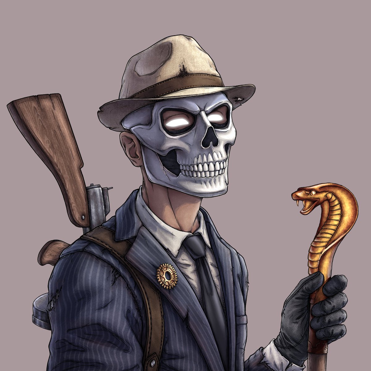 Power Grinders #40 HAS BEEN MINTED!
Name: The Cobra Executor🐍
Owner: <a href="/Riddler21795685/">Riddler (not unregistered security)</a>
Artist: @Trippsoul_NFT

Lore:
In the ruins of a shattered world, he is a relic of the past—a skeletal visage masked in mystery. Known only as a survivor of the "Shadow Syndicate," his tailored
