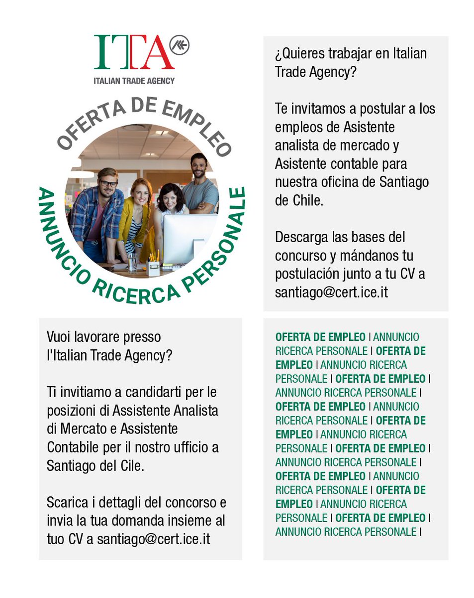 <a href="/ITASantiagoLima/">ITA Santiago</a> ofrece dos puestos de empleo. Puedes consultar el concurso en este link: ice.it/it/sites/defau…
#ITAtradeagency