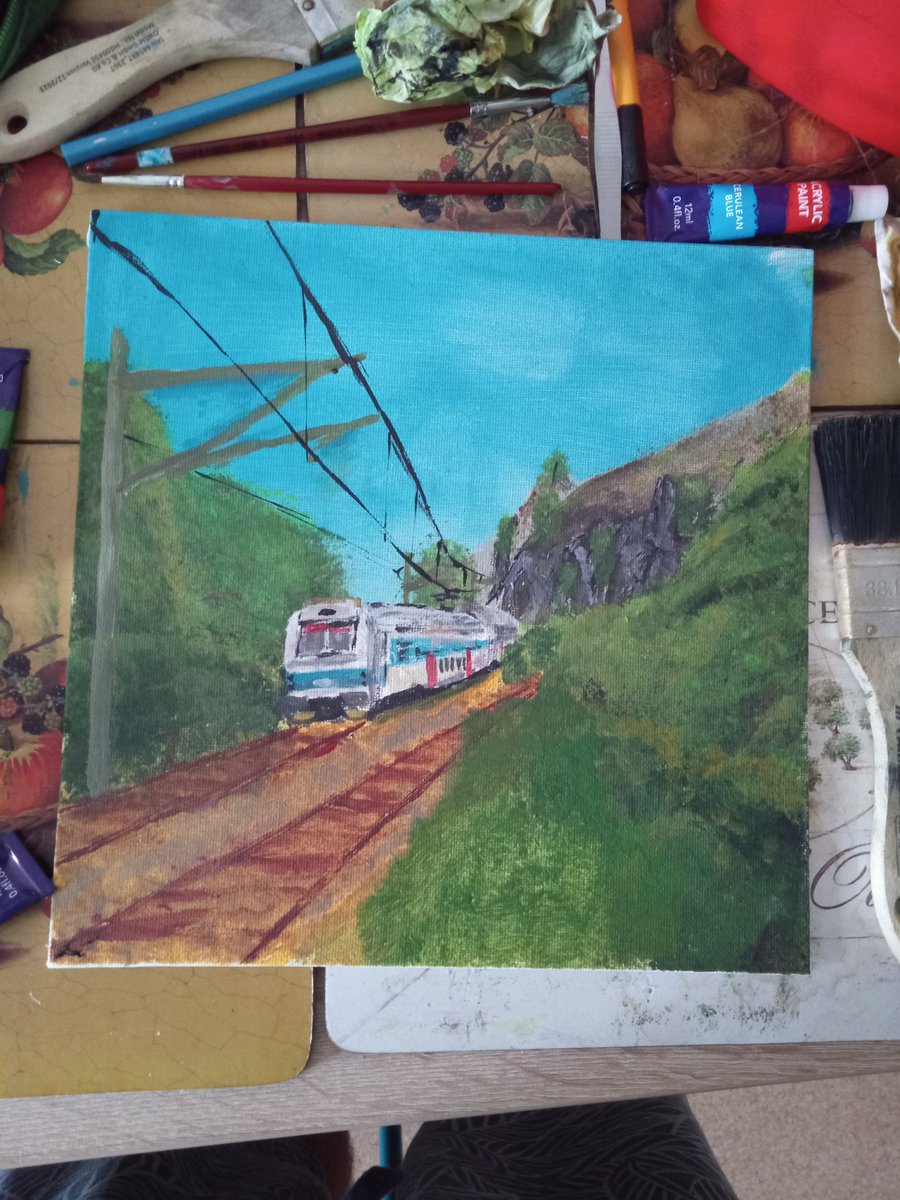 Kadimir9's tweet photo. This was my first time using acrylic paint (painted it like 4 months ago). It's a Czech train, going by the number 470, driwing tgrough some generic nature. https://t.co/ANTdolKH27