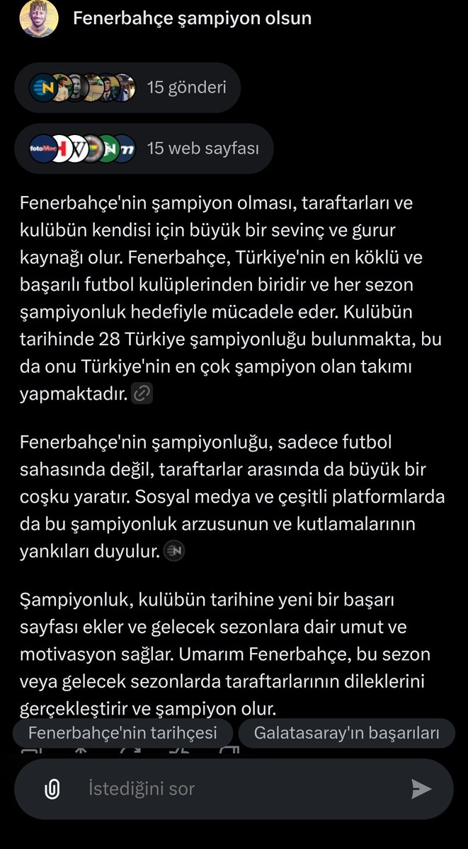 Twitter resmi yapay zekası bile 28 şampiyon olarak fenerbahçeyi yazıyor