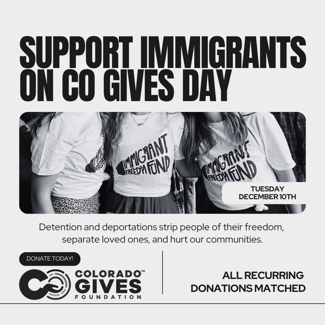 ImmFreedomFund's tweet photo. CO Gives matches all recurring donations, through today! Support us to assist as many people as possible get free from ICE detention./
CO Gives iguala todas las donaciones recurrentes hasta el final del día. Apóyanos para ayudar a personas a salir de detención de ICE. https://t.co/1xqs1EitPe