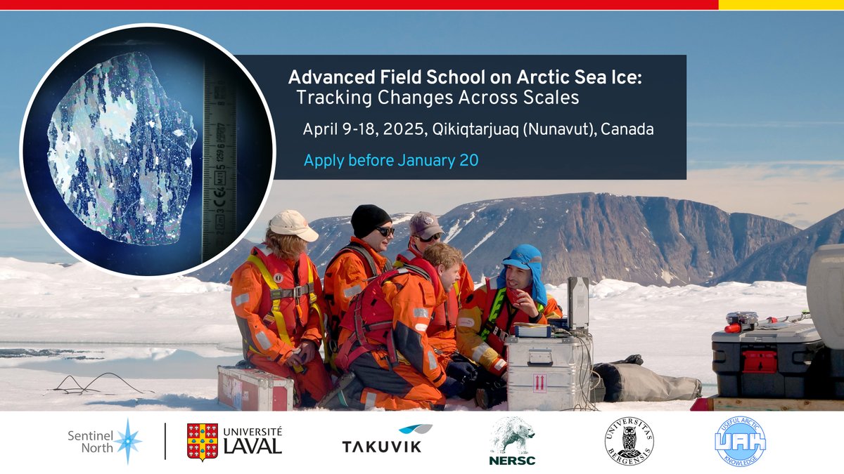 Soumettez votre candidature pour notre dernière école internationale! - Submit your application! Advanced Field School on Arctic Sea Ice: Tracking Changes Across Scales. April 9 to 18, 2025, at the new research station of Qikiqtarjuaq, Nunavut. 
sentinellenord.ulaval.ca/en/seaice2025