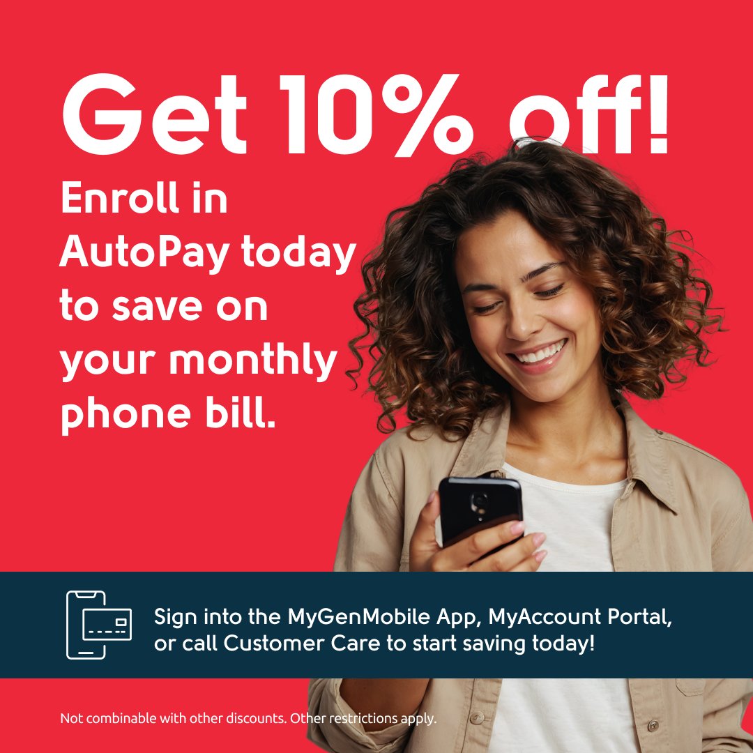 Why pay more when you can save more? 🌟 Enroll in AutoPay and get 10% off your monthly phone bill! It’s simple and convenient. Start saving today and enjoy seamless connectivity without the hassle!
#AutoPay #Discount #Easy #Payment #GenMobile