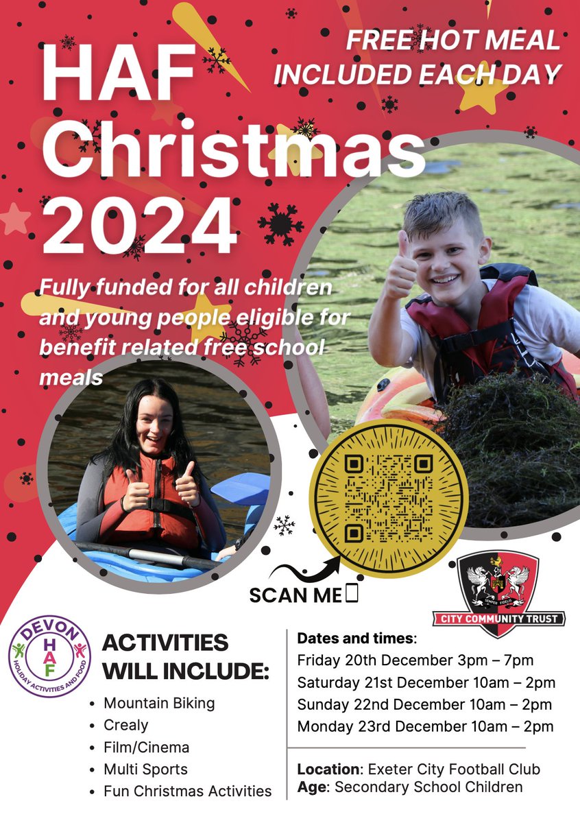 There are spaces remaining for our Christmas Holiday Activities and Food Programme.   

The activities are fully funded and FREE for all young people eligible for benefit related free school meals.   

Sign up today 🔗 shorturl.at/7SmWn 

#DevonHAF24 #HAF2024