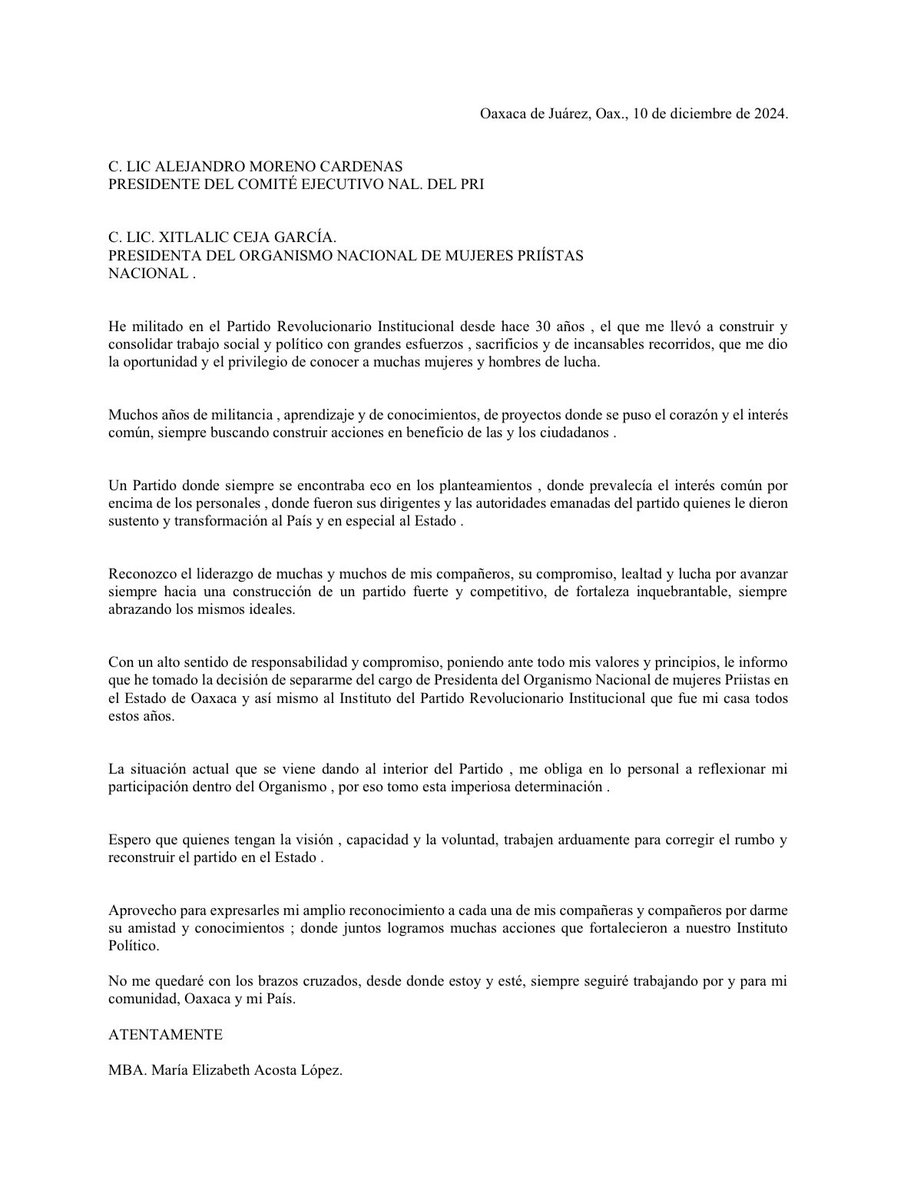 Liz Acosta (@lizacosta2012) on Twitter photo Les informo que hoy presenté mi renuncia al Organismo Nacional de Mujeres Priistas en Oaxaca y así mismo a este Instituto Político que fue mi casa 30 años.
<a href="/alitomorenoc/">Alejandro Moreno</a> <a href="/caroviggiano/">Carolina Viggiano</a> <a href="/xitlalicceja/">Xitlalic Ceja García</a> <a href="/OnmpriNacional/">ONMPRI NACIONAL</a> <a href="/PRIOaxaca_/">PRI Oaxaca</a> <a href="/Heliodoro_hcde/">Heliodoro Carlos Díaz E.</a> <a href="/CarmelitaRicdzV/">Carmelita Ricardez</a> Les informo que hoy presenté mi renuncia al Organismo Nacional de Mujeres Priistas en Oaxaca y así mismo a este Instituto Político que fue mi casa 30 años.
<a href="/alitomorenoc/">Alejandro Moreno</a> <a href="/caroviggiano/">Carolina Viggiano</a> <a href="/xitlalicceja/">Xitlalic Ceja García</a> <a href="/OnmpriNacional/">ONMPRI NACIONAL</a> <a href="/PRIOaxaca_/">PRI Oaxaca</a> <a href="/Heliodoro_hcde/">Heliodoro Carlos Díaz E.</a> <a href="/CarmelitaRicdzV/">Carmelita Ricardez</a>