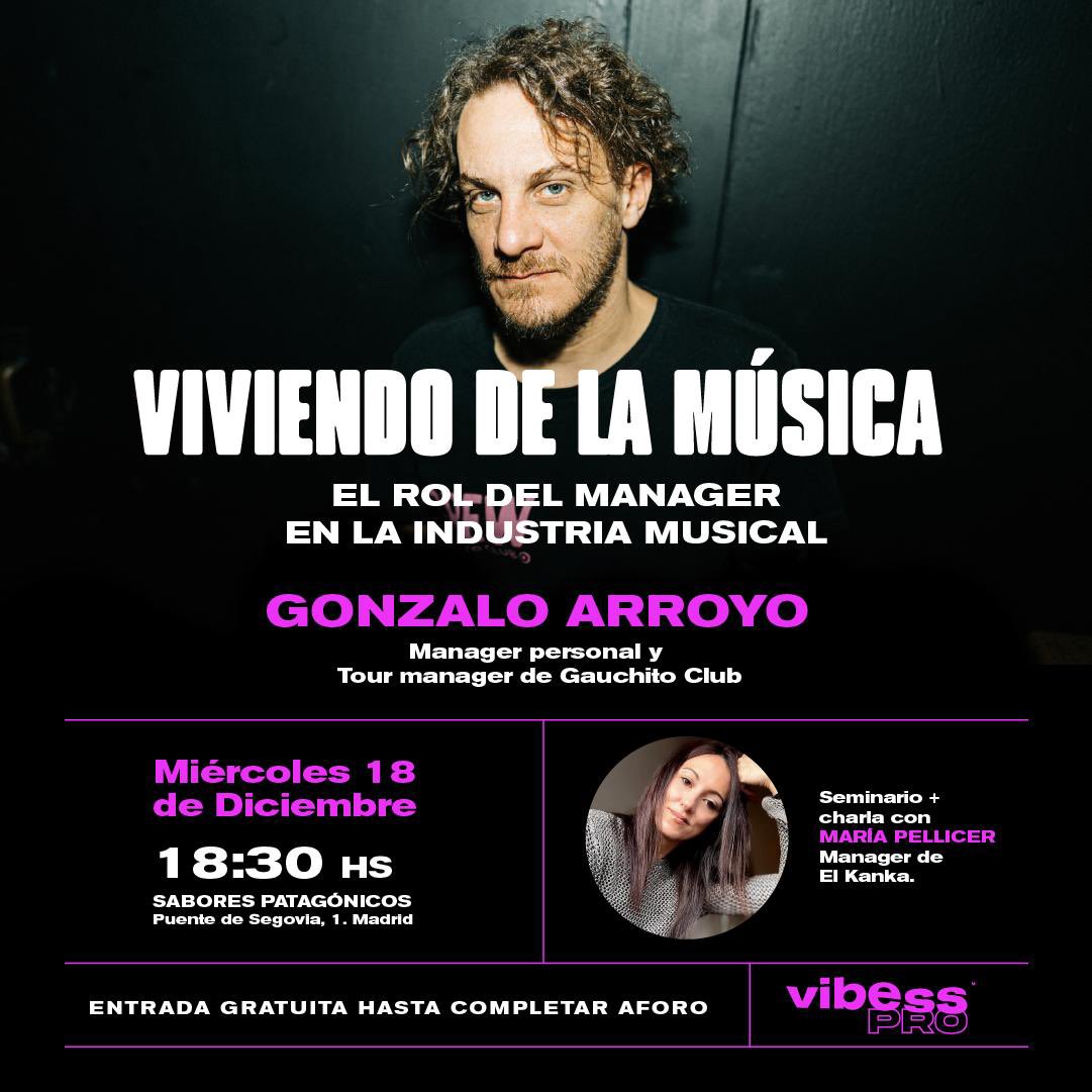 El miércoles 18/12 estaré dando una charla en Madrid 🇪🇸 sobre el rol del manager en la industria de la música actual. Me acompañará María Pellicer, persona a la q admiro muchísimo x su trayectoria y compromiso con la escena musical española. Cupos limitados+Info en info@vibess.es