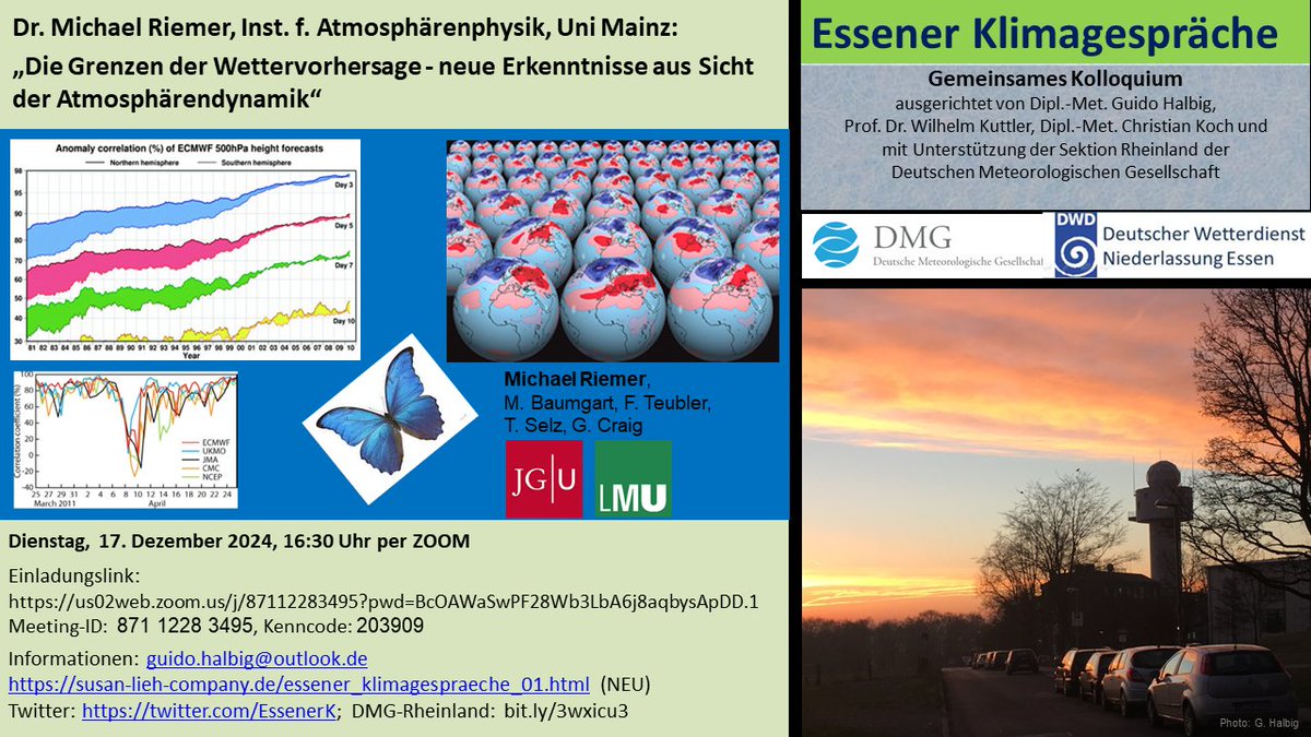 17. Dezember, 16:30 Uhr (online) | Einladung Essener Klimagespräche (#EKG) |  Dr. Michael Riemer, Inst. f. Atmosphärenphysik, Uni Mainz: „Die #Grenzen der #Wettervorhersage - neue Erkenntnisse aus Sicht der #Atmosphärendynamik“ | Zoom-Link: -&gt; Flyer, bit.ly/3wxicu3
