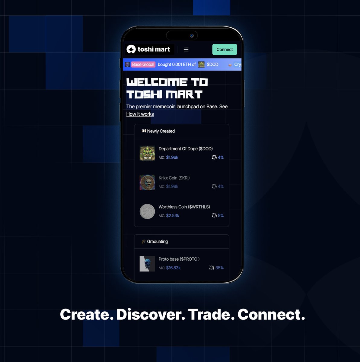toshimart's tweet image. Gm trench warriors 🪖
Meet @toshimart — the premier memecoin launchpad on @base.
Create. Discover. Trade. Connect.
Ready to ape? toshimart.xyz