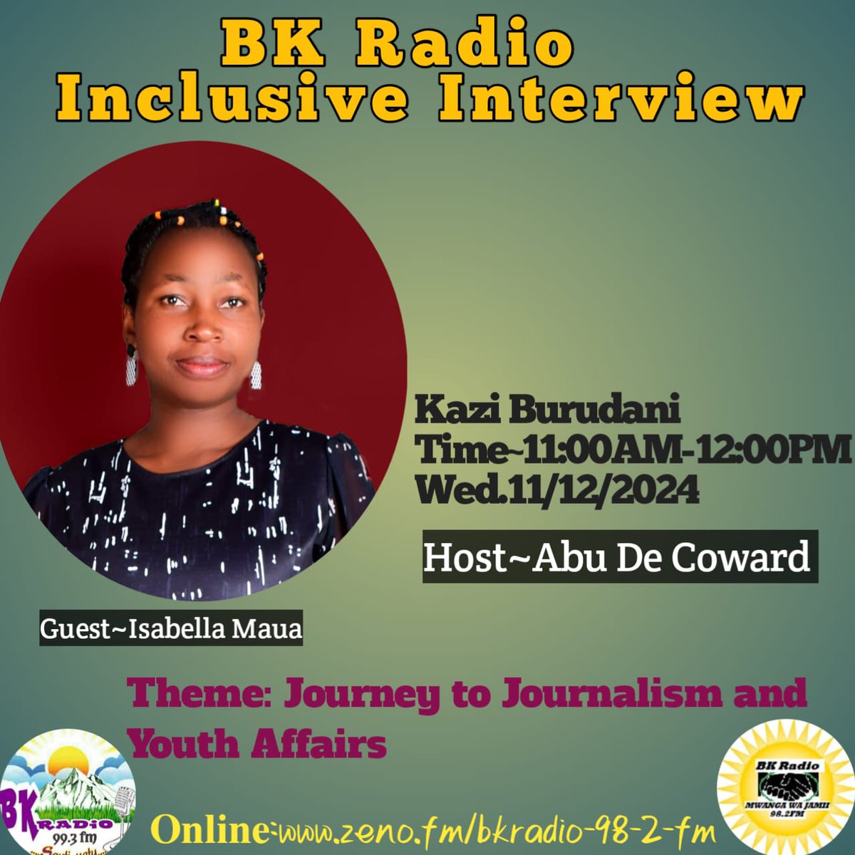 An Indigenious award winning journalist from Mt Elgon will be in a radio interview to talk about matters Youth and Journalism.Don't you miss!
<a href="/PACJA1/">PACJA</a> <a href="/briankk20/">green Equitech innovations</a> <a href="/DavidBusienei6/">David Busienei</a> <a href="/IinKenya/">Indigenous Information Network</a> <a href="/KPCGNOREB/">NOREBKPCG</a> <a href="/KPCGKenya/">Kenya Platform for Climate Governance</a> <a href="/mithika_mwenda/">Mithika Mwenda, PhD</a> <a href="/Environment_Ke/">Ministry of Environment, Climate Change & Forestry</a> <a href="/climate_ke/">Financing Locally-Led Climate Action Program</a> <a href="/aacjinaction/">African Activists for Climate Justice</a>