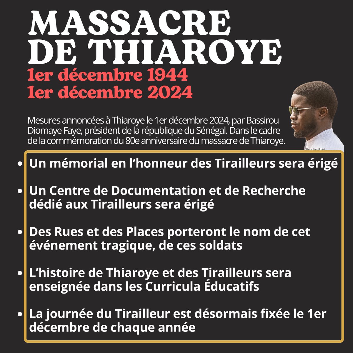 Yves Monteil (@ymonteil) on Twitter photo ⚫ Mesures annoncées à Thiaroye le 1er décembre 2024 par <a href="/PR_Diomaye/">Bassirou Diomaye Faye</a>, président de la république du Sénégal. Dans le cadre de la commémoration du 80e anniversaire du massacre de Thiaroye.
#thiaroye44 ⚫ Mesures annoncées à Thiaroye le 1er décembre 2024 par <a href="/PR_Diomaye/">Bassirou Diomaye Faye</a>, président de la république du Sénégal. Dans le cadre de la commémoration du 80e anniversaire du massacre de Thiaroye.
#thiaroye44