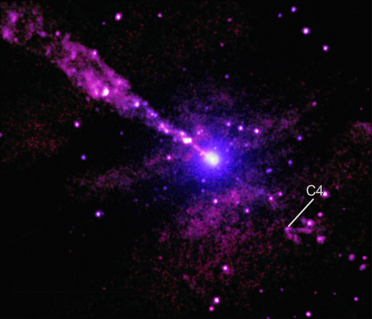 A jet produced by a supermassive black hole in Centaurus A is slamming into an unidentified object in its path. The object, called C4, is located at the point of a patch of V-shaped X-rays. Each arm of that "V" is at least 700 light-years long! 
More: s.si.edu/CenA24
