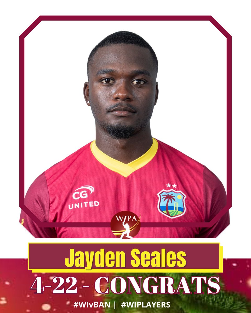 Best figures in an ODI and a maiden 4-fer 👏🏼💪🏼
#WIPlayers Congrats <a href="/jayden_seales/">Jayden Seales</a> 🥳🎊