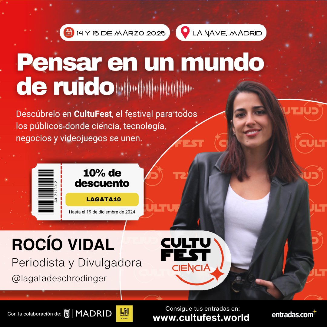 🚨 ¡Hoy tenemos el honor de anunciar a Rocío Vidal, más conocida como La Gata de Schrödinger! 🤩

<a href="/SchrodingerGata/">Rocío Vidal</a> estará en CultuFest con su charla 🗣️ Pensar en un mundo de ruido 🧠

📅 14 y 15 de marzo
📍 La Nave, Madrid

🎟 Entradas ya a la venta👉 cultufest.world