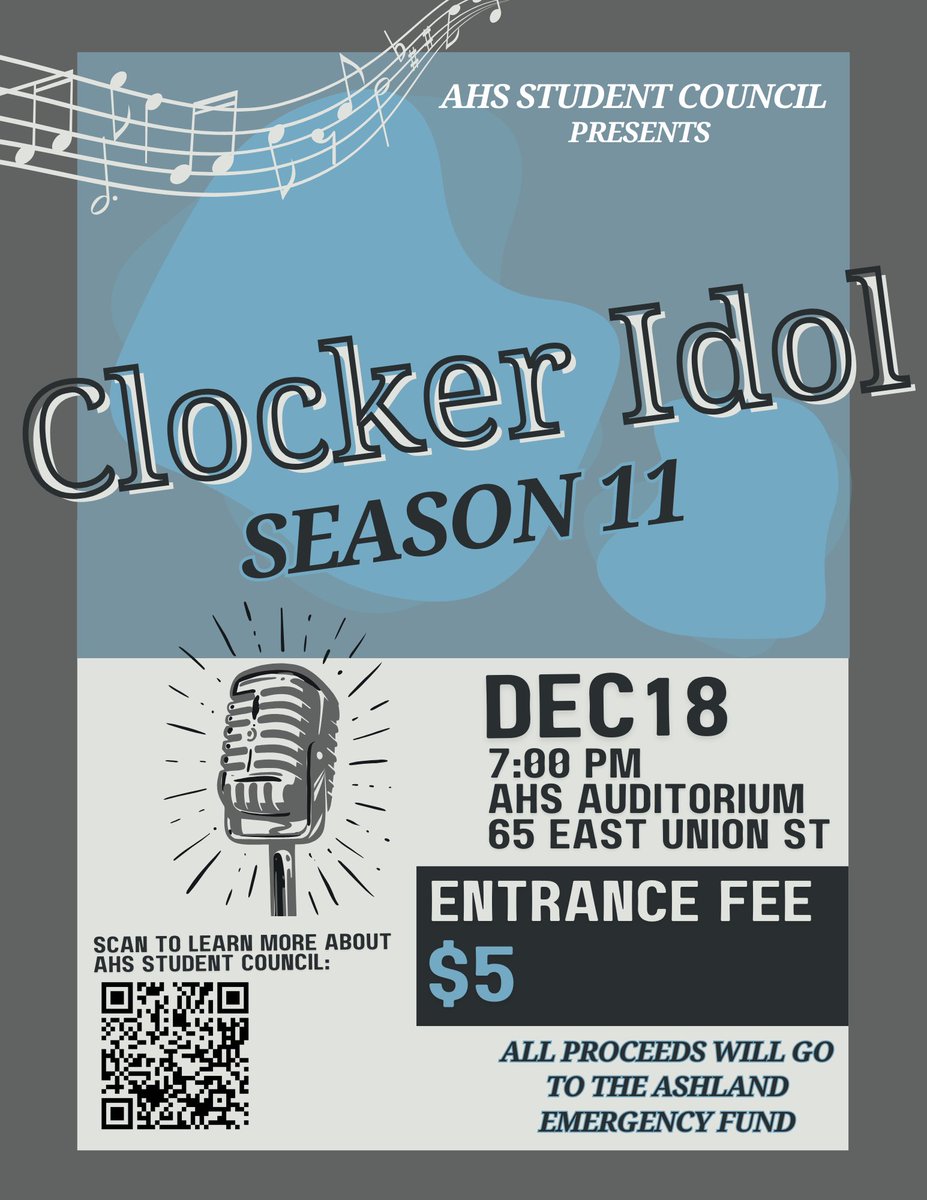 Clocker Idol is on December 18th!! There will be a $5 entrance fee and all proceeds will go to the Ashland Emergency Fund. We can't wait to see you there! Go to our website to learn more about the AHS student council: sites.google.com/ashland.k12.ma…