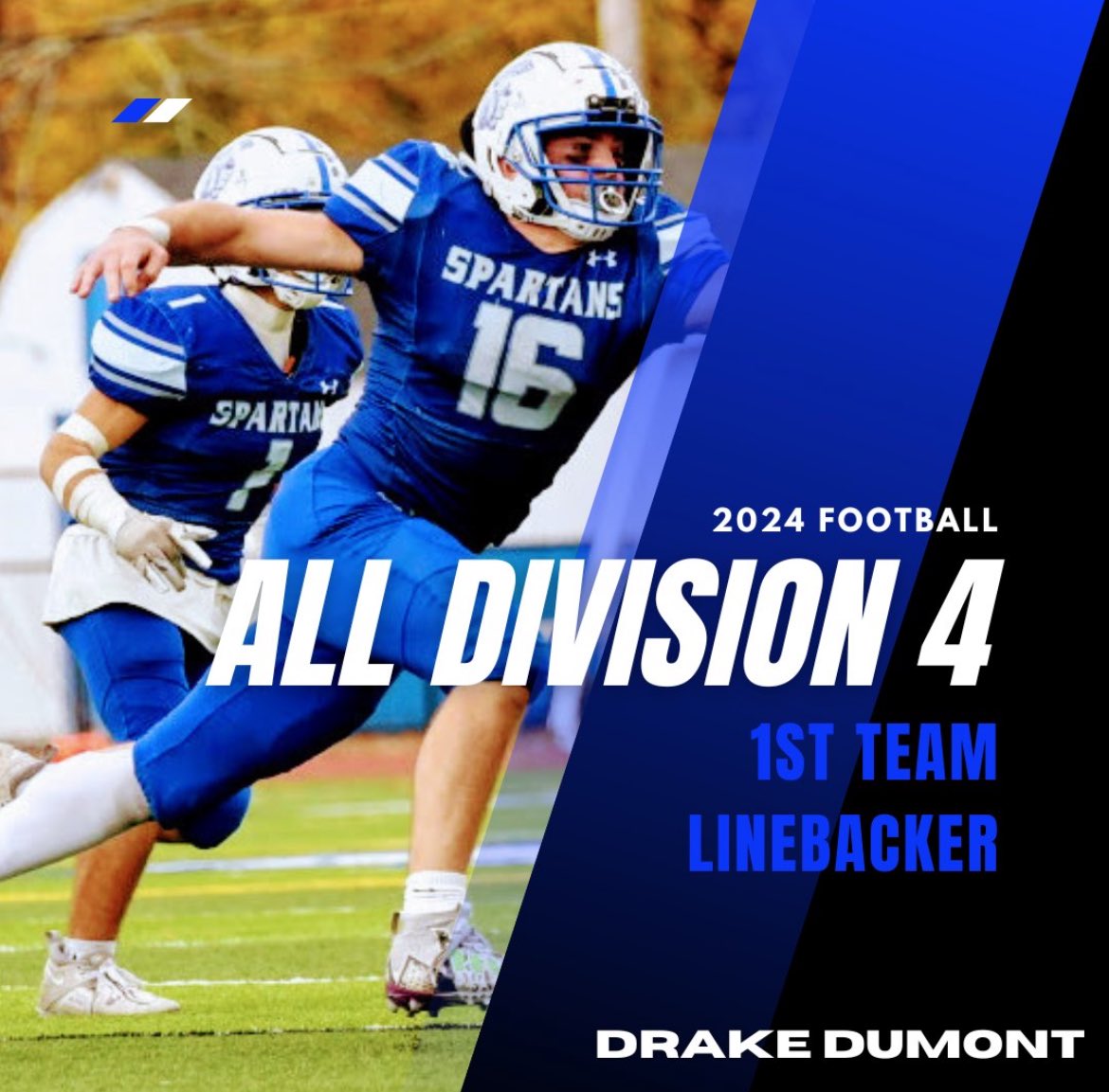CoachDamon44's tweet photo. Congratulations to Drake Dumont. Drake has been named to the 2024 all Division 4 First Team as a LB. ⁦@megandumont59⁩ https://t.co/o1zHC3xuVT