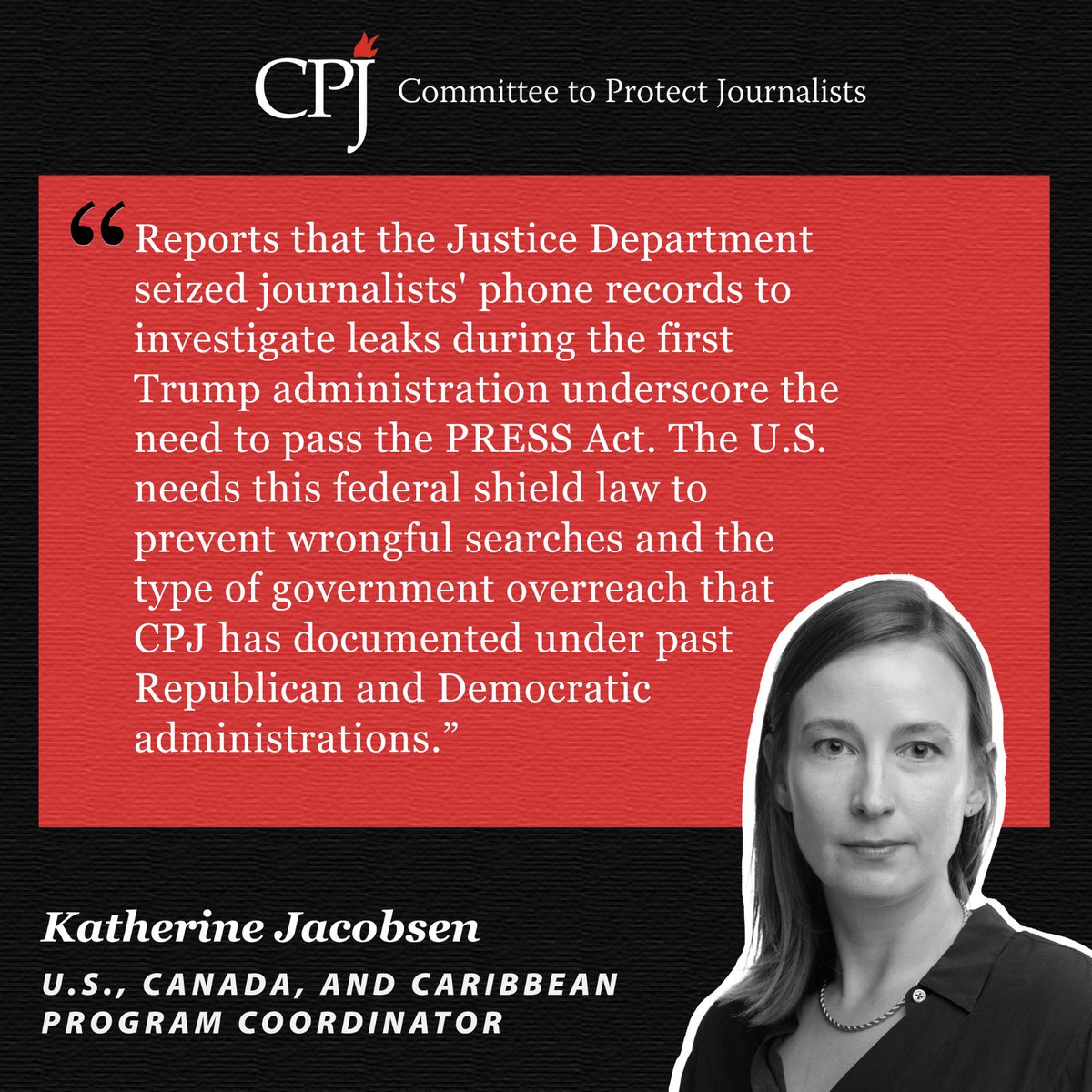 Reports that the Justice Department seized journalists' phone records to  investigate leaks during the first Trump administration underscore the need  to pass the PRESS Act. The U.S. needs this federal shield law, image size:1200x1200