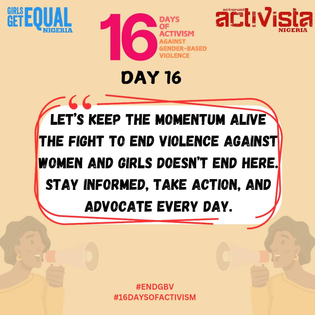Day 16:
The fight against GBV doesn’t end here. Every day is an opportunity to make a difference. Pledge to take action today. How will you contribute? #EndGBV #16DaysOfActivism