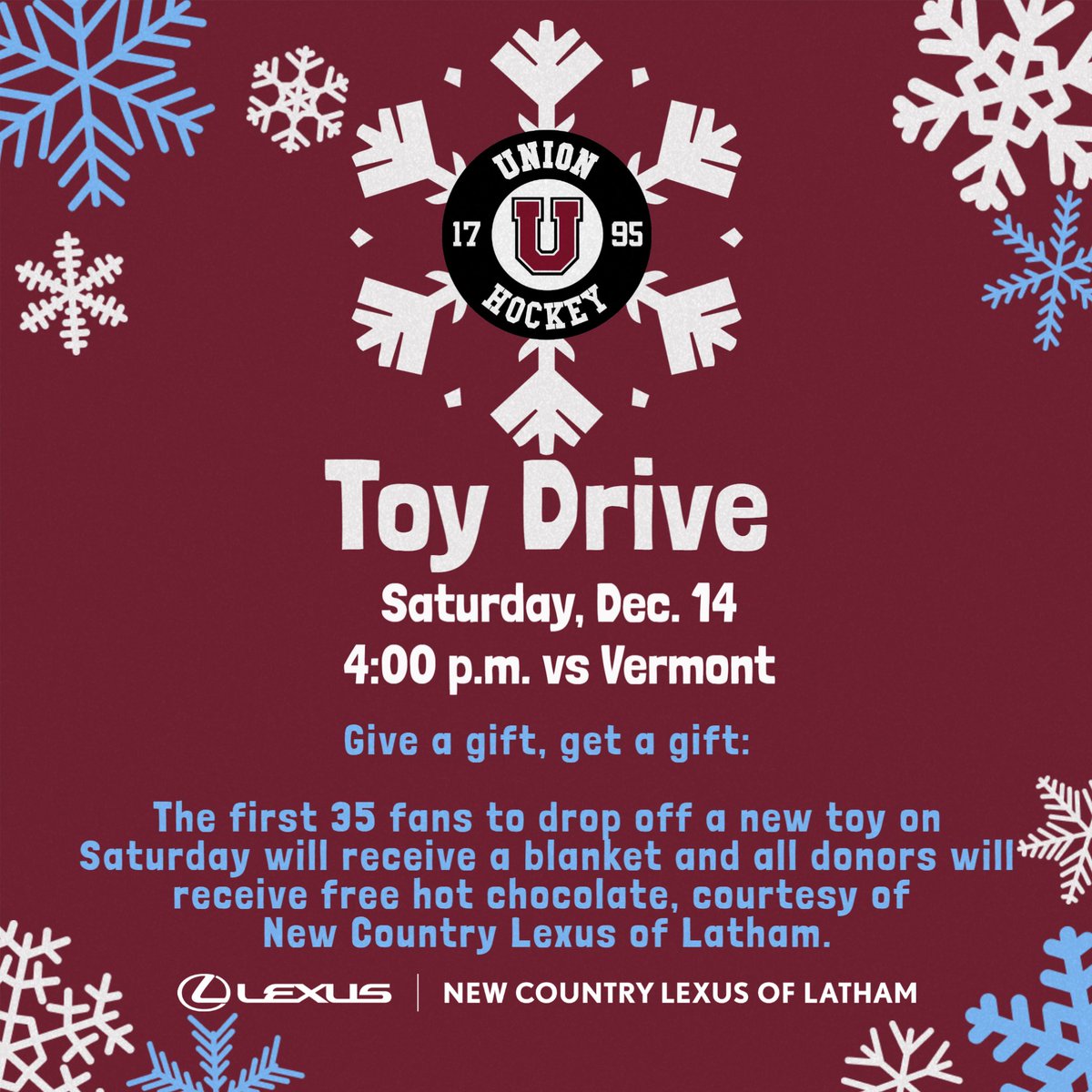 It's that time of year again! We're teaming up with our friends at COCOA House for their annual toy drive! Thanks to our partners at New Country Lexus of Latham, the first 35 fans to bring a new, unwrapped toy will receive a blanket and all donors will receive free hot chocolate!