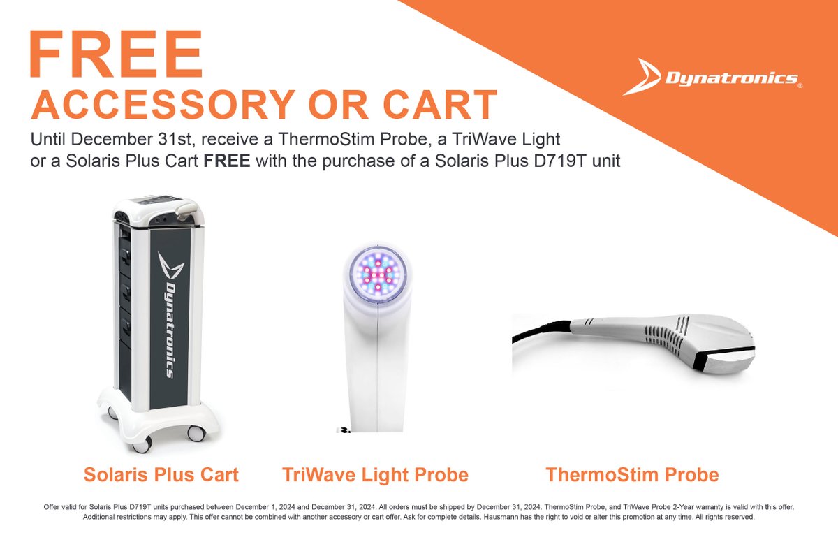 🌟 FREE Accessory or Cart with Solaris Plus D719T! 🌟
Choose a FREE ThermoStim Probe, TriWave Probe, or Cart with your Solaris Plus D719T purchase.
🗓️ Offer valid December 1–31, 2024.
Don’t miss out—upgrade your clinic today! 🚀
dynt.info/BJ9250UozYn