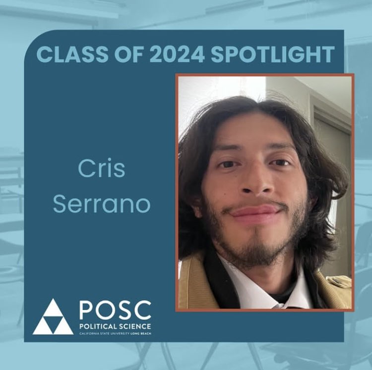 csulbposc's tweet photo. Cristofer Serrano is a graduating senior with a concentration in global politics.
During his time at the Beach, he was an active member of Model UN. Cristofer was also the Health &amp; Safety Officer for Sigma Alpha Epsilon and a member of the Ultimate Frisbee team. https://t.co/zE3m34oFPq