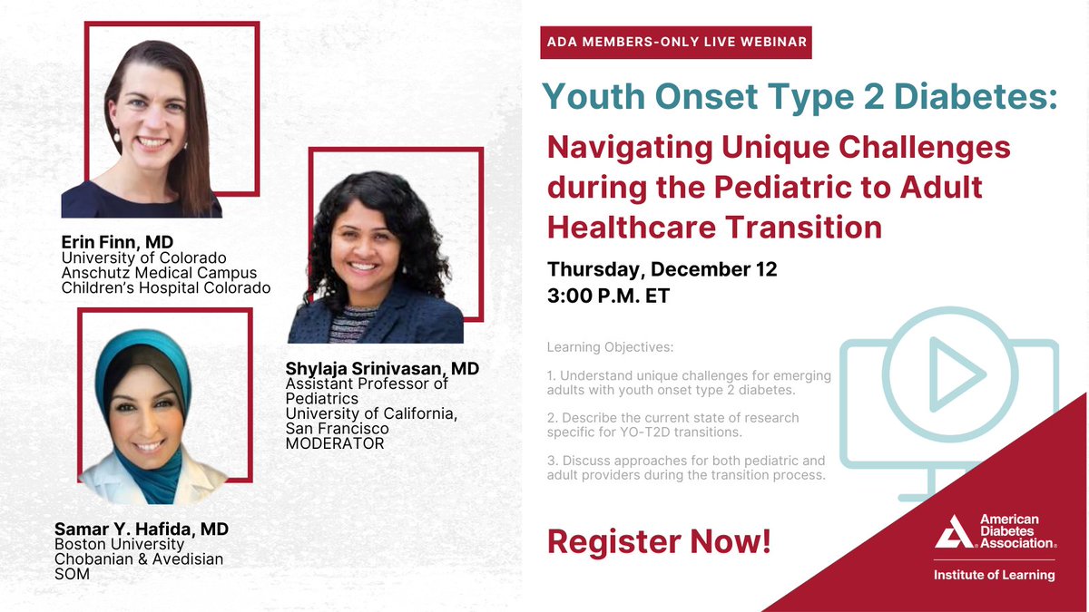 ADA_DiabetesPro's tweet photo. Join Dr. Erin Finn (@CUAnschutz), Dr. Shylaja Srinivasan, &amp; Dr. Samar Y. Hafida (@BUMedicine) as they discuss transitioning youth-onset T2D patients from pediatric to adult care, covering key challenges, research, and strategies,12/12 at 3 PM ET! Register: https://t.co/dYIpw0EtMw https://t.co/6F9zJERmNJ