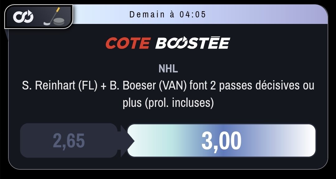 JDEMPIREOFF's tweet photo. #ROADTOXMAS
1⃣1⃣
🏒 Reinhart + Boeser Over 1,5 passes décisives (3,00)
Spot extrêmement intéressant pour cette nuit 😊! On espere retrouver le vert et enfin lancer une grosse série 👌🏻!!
RT & 💙 pour envoyer de la force! #TeamParieur https://t.co/1Mk6o3tHeX