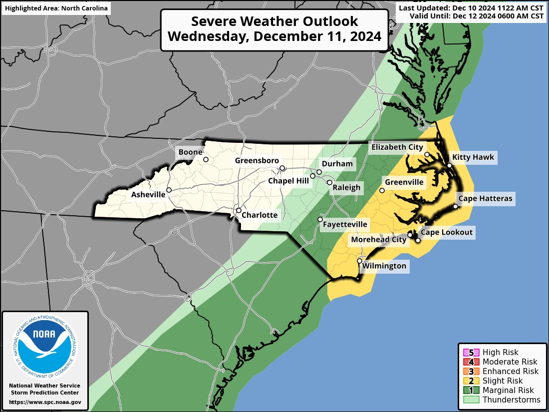 chuckcopelandwx's tweet photo. Heads up ENC, the Storm Prediction Center has introduced a Slight (2 out of 3) risk of #severeweather for Wed afternoon.
"The most probable area for a few tornadoes and damaging winds is centered on ENC during Wednesday afternoon."
#encwx #wx #wsky #severewx #tornado https://t.co/5CxzZwq8Mw