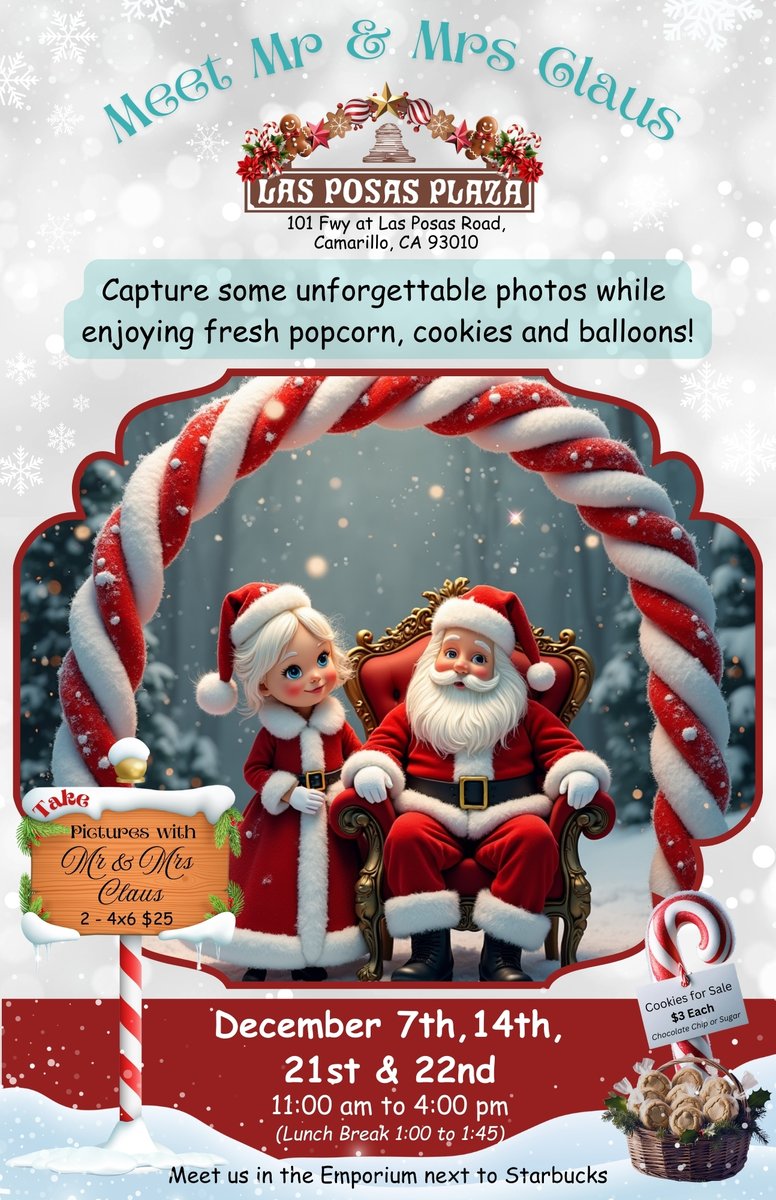 PosasLas's tweet image. Join the festive fun at Las Posas Plaza, where you can meet Mr. and Mrs. Claus and capture magical moments with them! This family-friendly event promises an enchanting experience, perfect for making holiday memories.  Meet at the Emporium next to Starbucks.