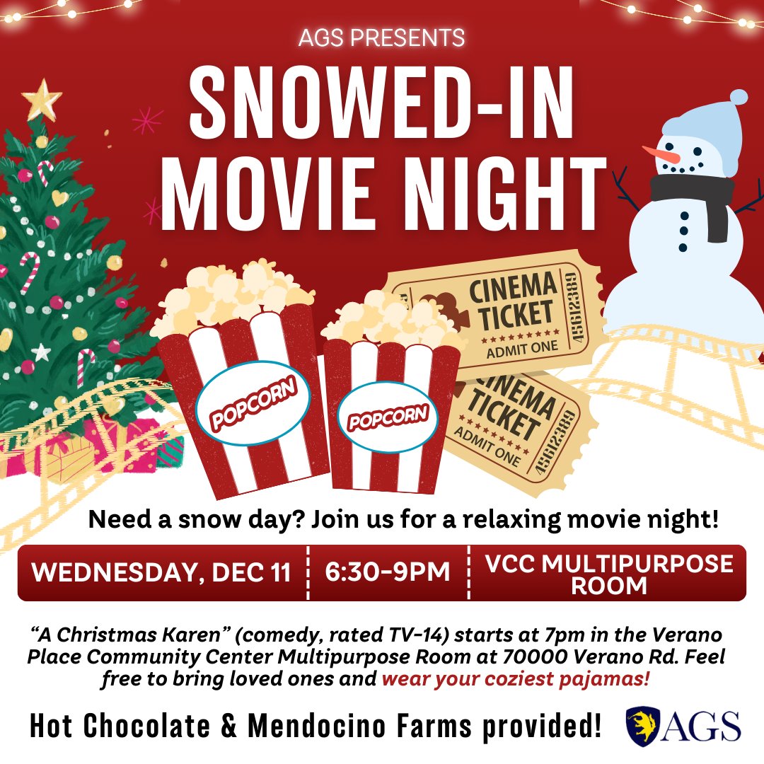 agsuci's tweet photo. Need a break from end-of-the-quarter stress?❄️ Come join us for a relaxing Snowed-In Movie Night! 🎬 Free food from MendocinoFarms, a deluxe hot chocolate bar, and a holiday comedy - A Christmas Karen at 7pm. Come one, come all! #HolidayVibes #MovieNight #FreeFood #HotChocolate https://t.co/QB3V6tnyPX