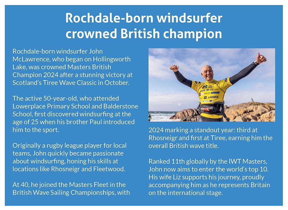 A Rochdale-born windsurfer who started his career practising on Hollingworth Lake has been crowned the Masters British Champion 2024 after a stunning victory at the 40th annual Tiree Wave Classic in Scotland.  Read all about it on page 43.
realrochdale.co.uk/editions/ (Winter 2024)