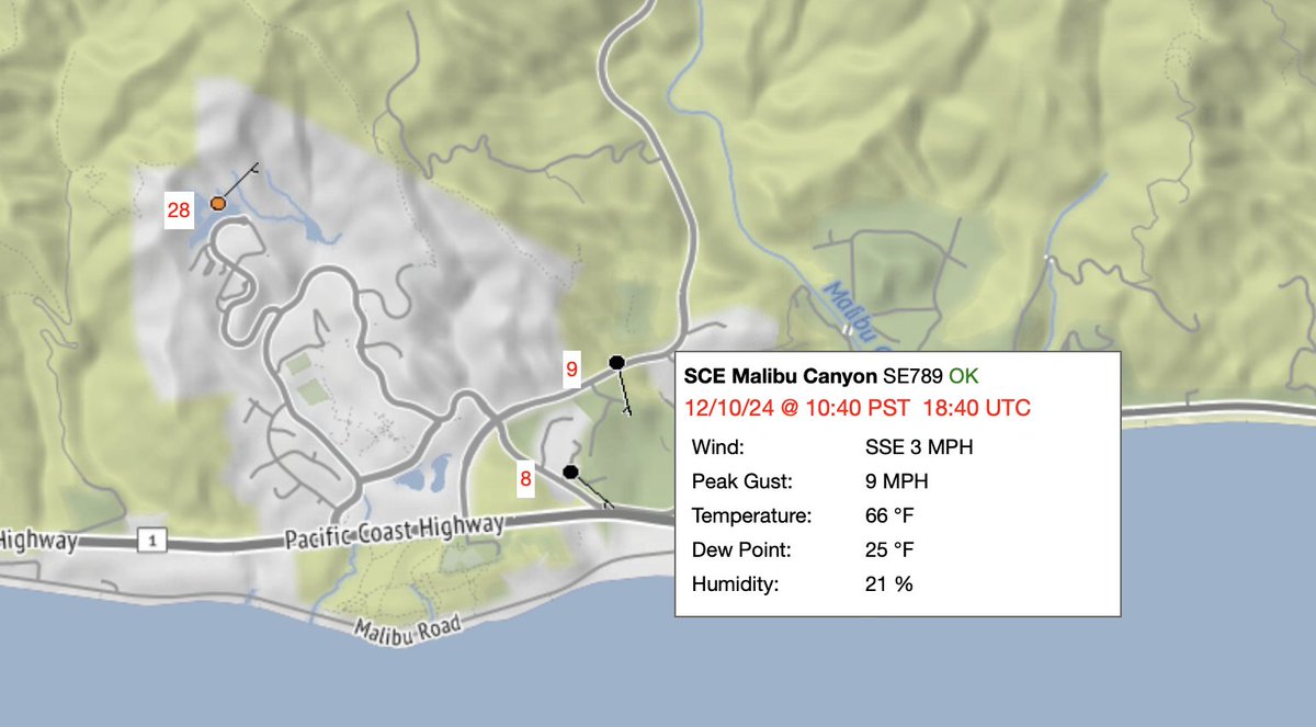rgfovell's tweet photo. Large spike in temperature at station SE789 in the wee hours.  My surmise is this is when the #MalibuFire passed the station. https://t.co/1iR6WkneKz