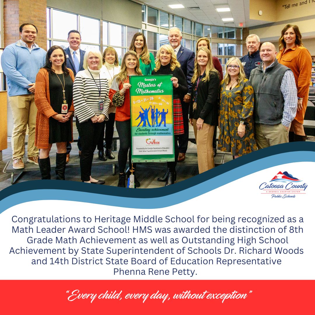 Huge congratulations to our amazing math teachers and students at HMS for this well-deserved recognition as a Math Leader School from the Georgia Department of Education.  Schools were recognized for outstanding achievement or growth in math scores.  #ECEDWE #math #achievement