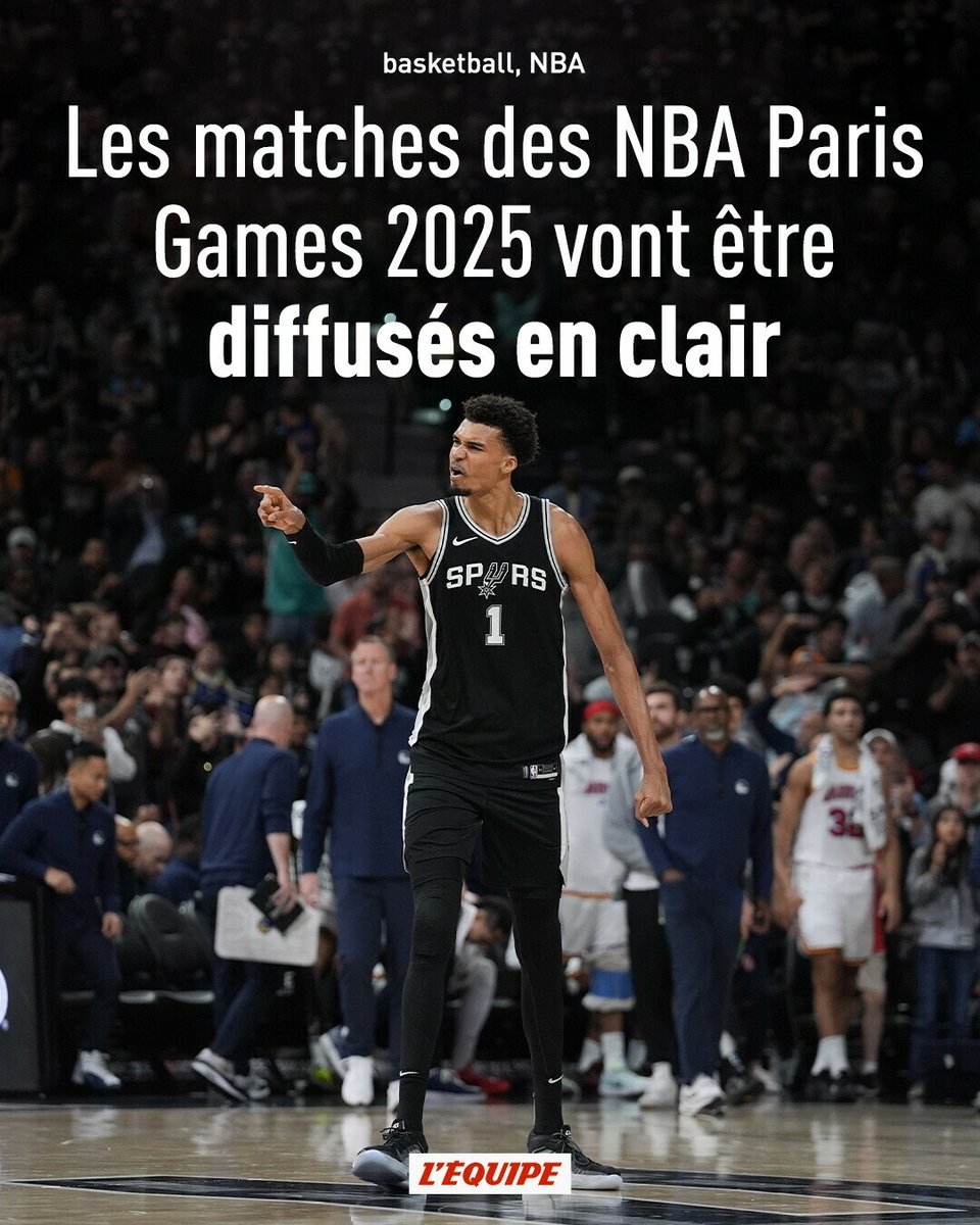 lequipe's tweet photo. Le double affrontement entre les Spurs de Victor Wembanyama et les Pacers, les 23 et 25 janvier prochains à l'Accor Arena dans le cadre des NBA Paris Games, sera diffusé en clair par le groupe Canal+.

➡️ https://t.co/mijAUfQv74 https://t.co/sPfLSyX9ZF