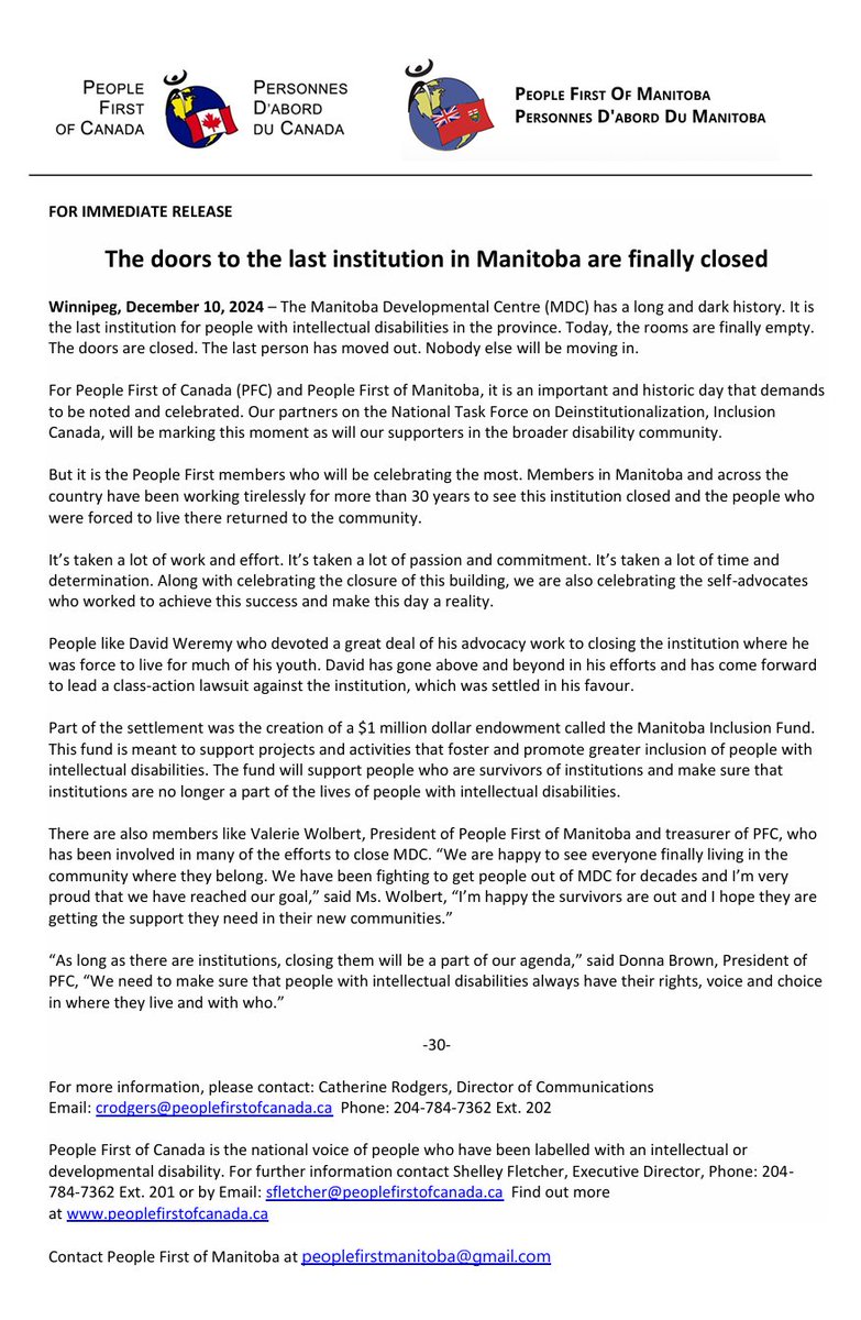 Please find below a joint news release from People First of Canada and People First of Manitoba about the closure of the Manitoba Developmental Centre. This is great news on Human Rights Day!