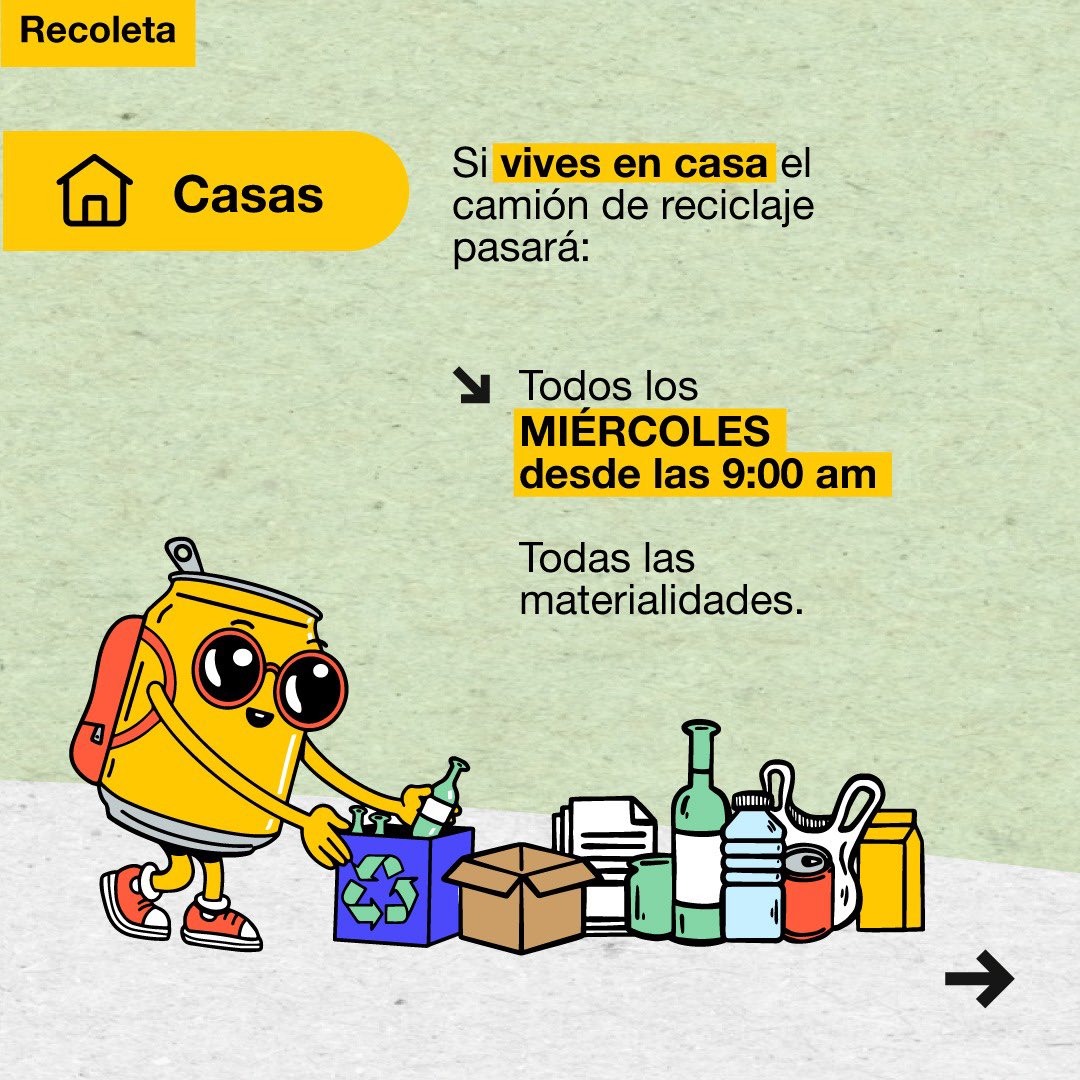 ♻️ ¡Recoleta recicla!  
Cada miércoles, a partir de las 9h, el camión del reciclaje recorre nuestra comuna.  
🚛 Prepárate:  
Separa tus residuos y colócalos en la puerta de tu casa según el código de colores:  
🟢 Vidrio  
🔵 Papeles y cartones  
🟡 Latas, plásticos y Tetra Pak