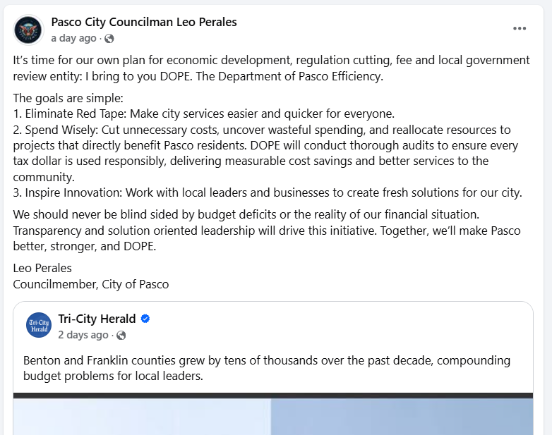 rosanereports's tweet photo. A #PascoWA city councilor is proposing his own #DOGE-inspired initiative -- named DOPE -- to inspire cuts and efficiencies for his own city government.
Pasco already plans to spend down its reserves by $10M over the next 2 years and make other cuts to address a shortfall. https://t.co/kipfWcWVuu